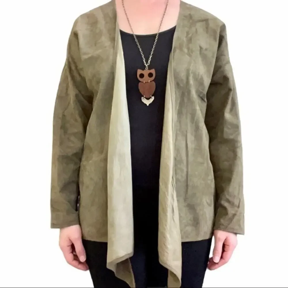 1970s Anne Klein Vintage Olive Green Suede Leather Front Tie Cardigan Jacket